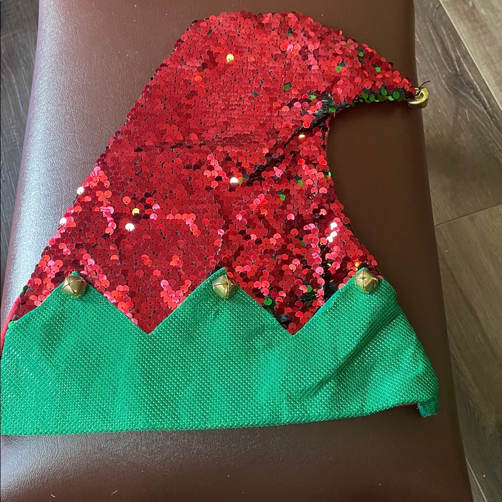Christmas Holiday Red Green Glittery Sequins Gold Bell Santa Elf Hat